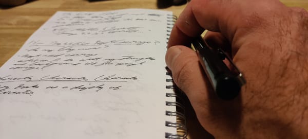 On the left half of the photo is a notebook with black ink script. On the right is a hand holding a black pen, resting next to the notebook. 